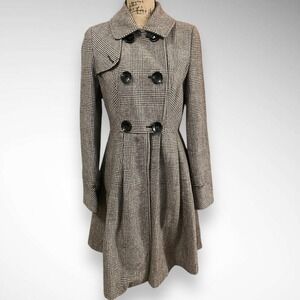 BEN SHERMAN Vintage Brown Wool Blend Pleated Plaid Long Peacoat Small | EUC